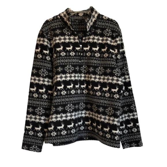 Talbots Womens Fair Isle Fleece Pullover Sz L Black Nordic Winter 1/4 Zip Snow - Picture 1 of 7
